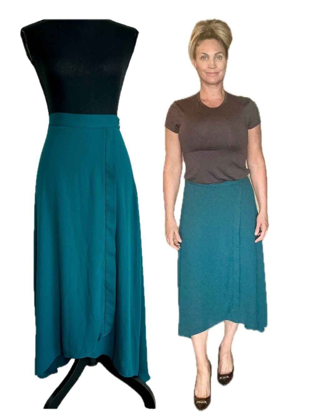WHBM Teal Aquamarine Wrap Midi Skirt hi-low Sz 8P classy elegant sophisticated